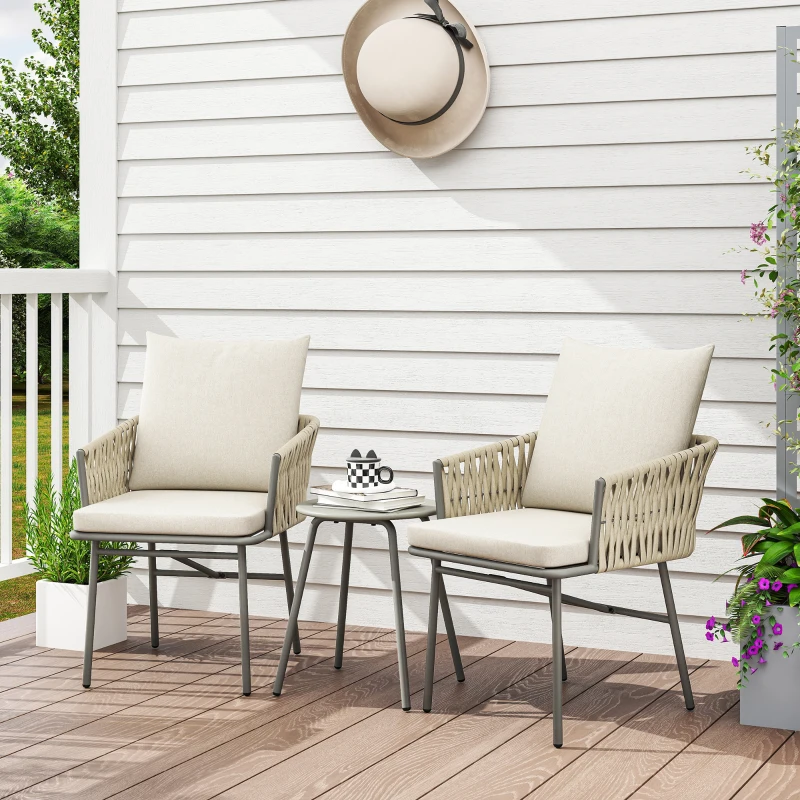 Outsunny Conjunto de Jardim de 3 Peças com 2 Cadeiras com Almofadas Removíveis e Laváveis e Mesa com Bancada de Metal Cinza e Creme