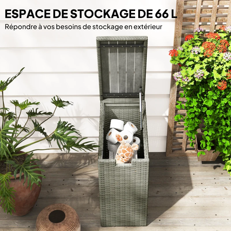 Outsunny Coffre de jardin en résine tressée, coffre de rangement extérieur 66 L avec dessus à lattes 28 x 55 x 60 cm, gris