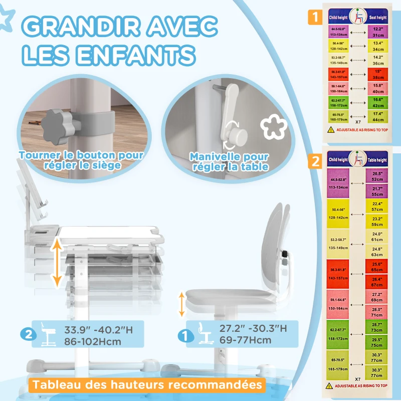 AIYAPLAY Bureau enfant avec chaise réglable en hauteur, plateau incliné 45°, tiroir et support de livre, gris