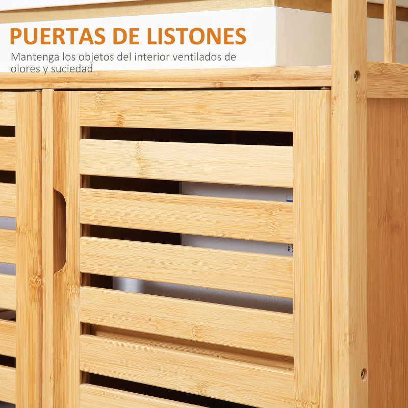 HOMCOM Aparador para Salón de Bambú con 3 Puertas Ranuradas Estantes para Comedor Cocina Entrada Natural 100x35x82 cm