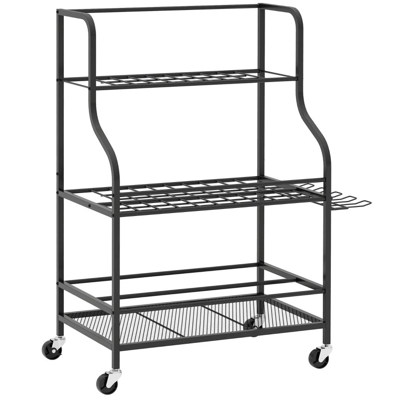 Outsunny Organiseur d'outils de jardin, support à outils de jardin 54 emplacements 5 crochets en acier sur roues 3 niveaux noir