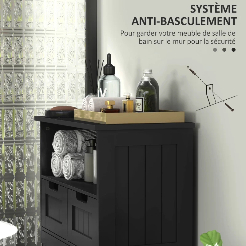 kleankin Meuble Bas de Salle de Bain Multi-rangements Grande Niche 2 tiroirs Placard Double Porte avec étagère Noir