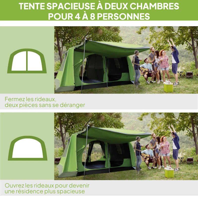 Outsunny Tente de camping avec porche pour 4 à 8 personnes légère portable, facile à Installer, sac de transport et crochet, vert