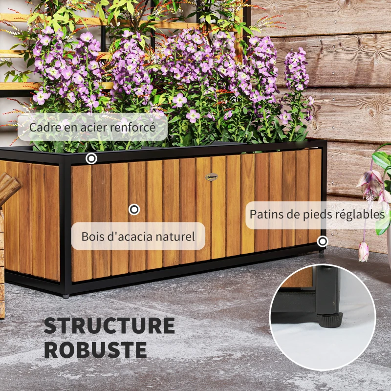 Outsunny Jardinière avec treillis lit surélevé de jardin trous de drainage en bois d'acacia acier  74 x 27 x 131 cm teck