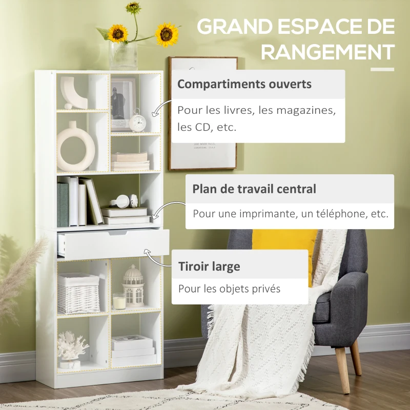 HOMCOM Bibliothèque meuble de rangement avec tiroir et étagères ouvertes, 60 x 26 x 158 cm, blanc
