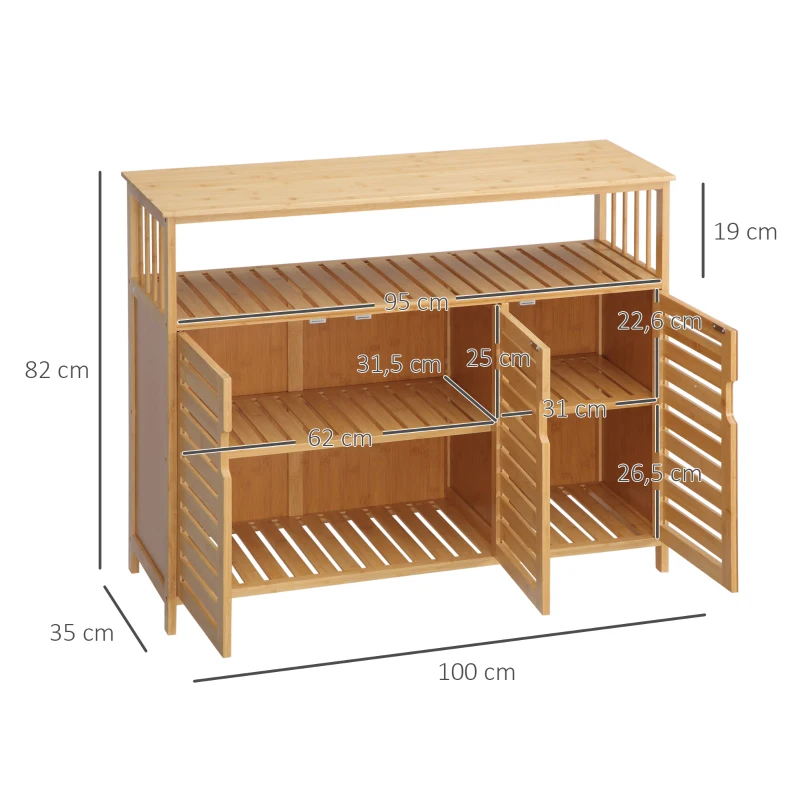 HOMCOM Aparador para Salón de Bambú con 3 Puertas Ranuradas Estantes para Comedor Cocina Entrada Natural 100x35x82 cm