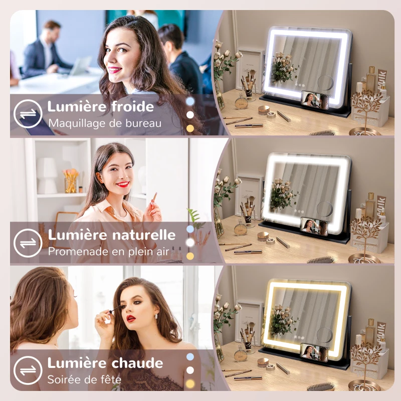 HOMCOM Miroir Lumineux LED intensité 3 modes d'éclairage, grossissement 10X, port de charge USB, touche tactile 62,5 x 52 cm