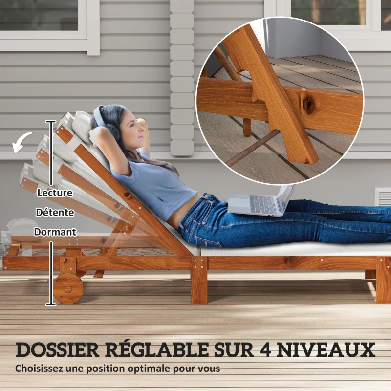 Outsunny Bain de soleil en bois avec roulettes dossier inclinable en 4 positions appui-tête, 84x200x101cm, blanc