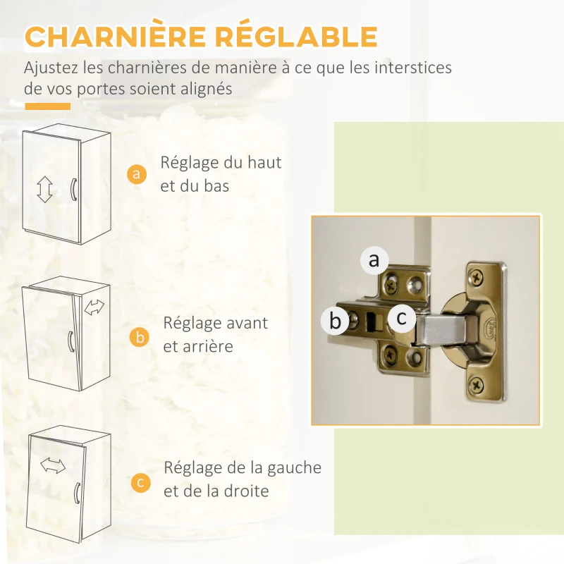 HOMCOM Armoire de cuisine avec 3 placards, niches, étagères réglables, portes vitrées, passe-câble, 90x40x180cm, blanc