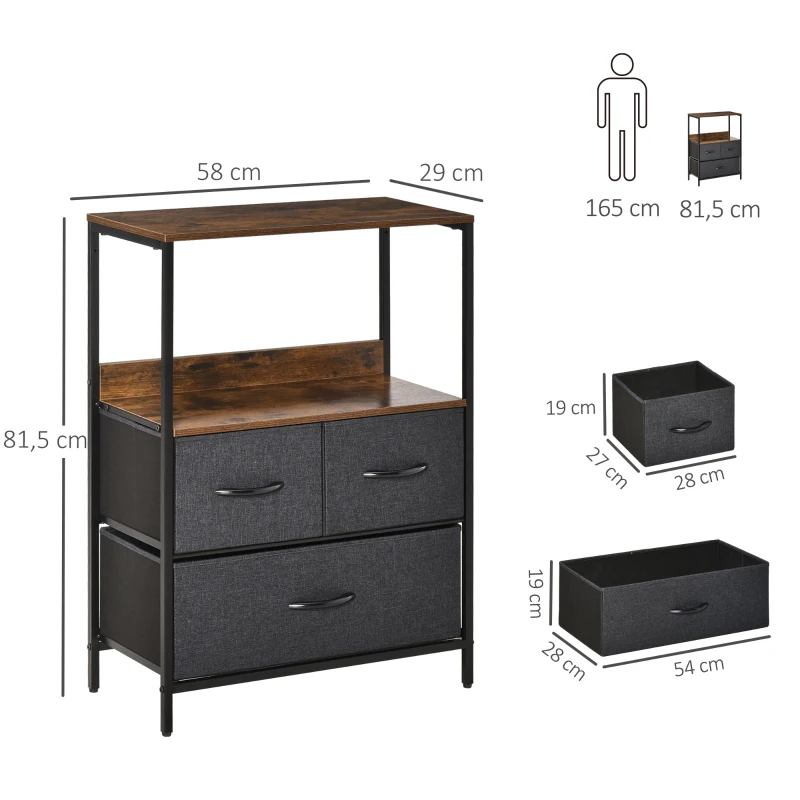 HOMCOM Commode meuble de rangement avec 3 tiroirs tissus, étagère et plateau supérieur, 58L x 29l x 81,5H cm