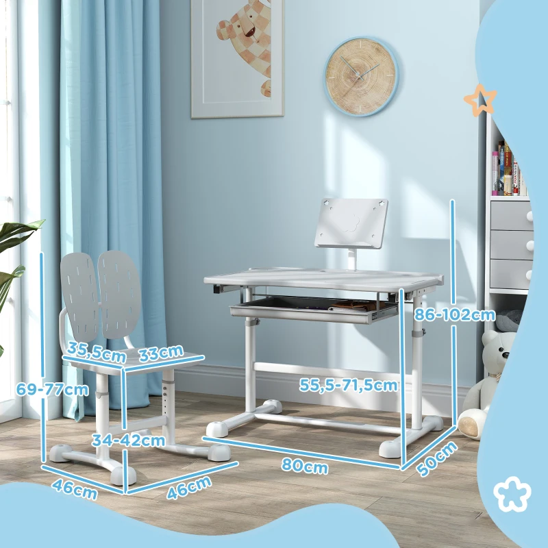 AIYAPLAY Bureau enfant avec chaise réglable en hauteur, plateau incliné 45°, tiroir et support de livre, gris
