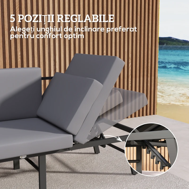Outsunny Canapea de Grădină 3 în 1 Convertibilă și Reglabilă în 5 Poziții cu Perne, 180x63.5x68 cm, Gri
