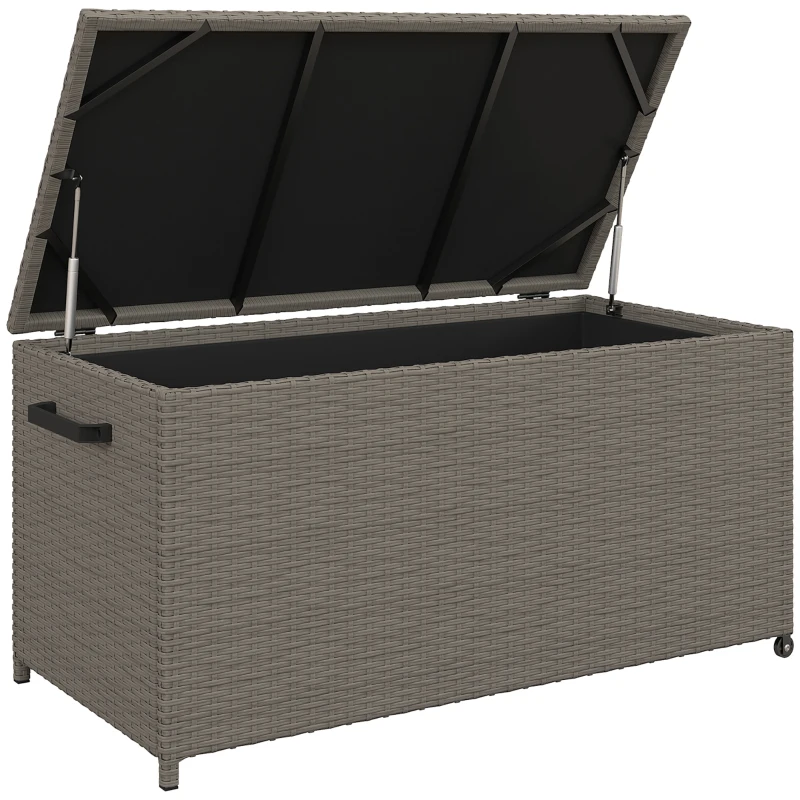 Outsunny Coffre de jardin en résine tressée coffre de rangement extérieur 184 L vérins à gaz, résistant aux UV 102x52x52cm gris