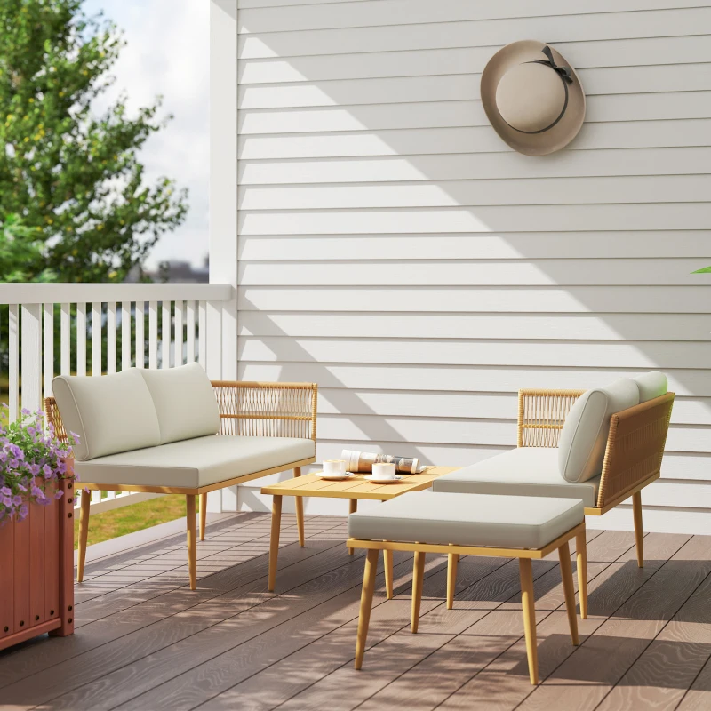Outsunny Conjunto de Jardim de Vime Sintético de 4 Peças com 2 Sofás de 2 Lugares 1 Apoio para os Pés 1 Mesa de Centro Madeira e Creme