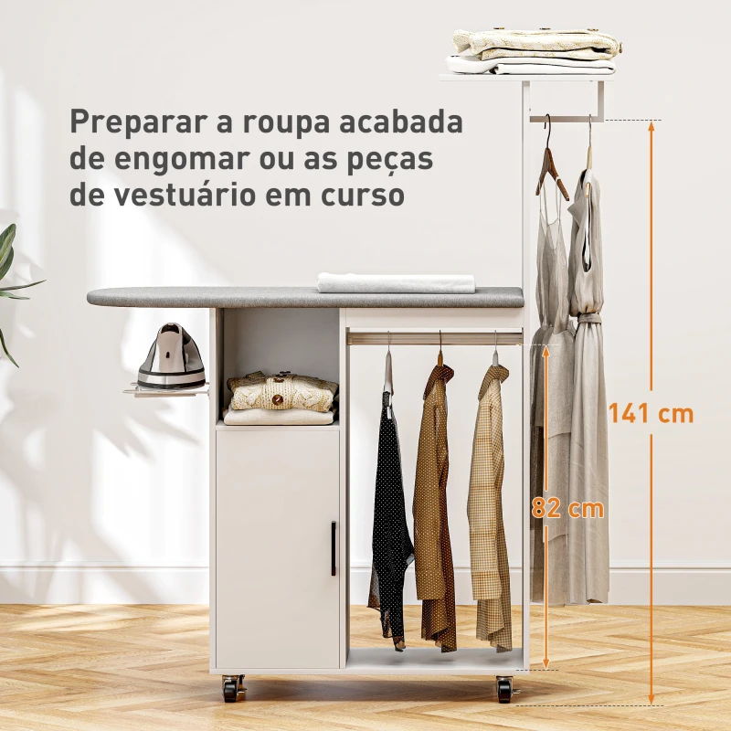 HOMCOM Móvel de Engomar Roupa com Rodas e Suporte Lateral Móvel com Tábua de Passar Barra para Roupa Prateleira 127,5x43,5x153 cm Branco