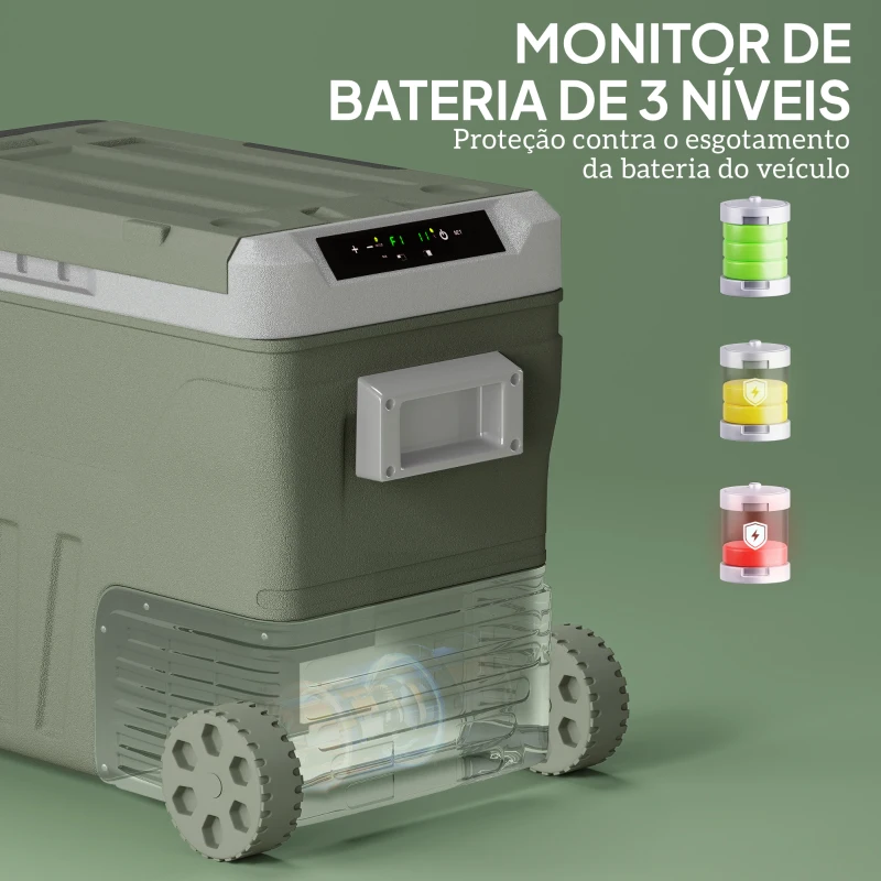 Outsunny Geleira Portátil Elétrica 45L Geleira de Carro -20℃ a +20℃ 12V/24V com Rodas Compressor e Ecrã LED 64,5x43,5x53 cm Verde