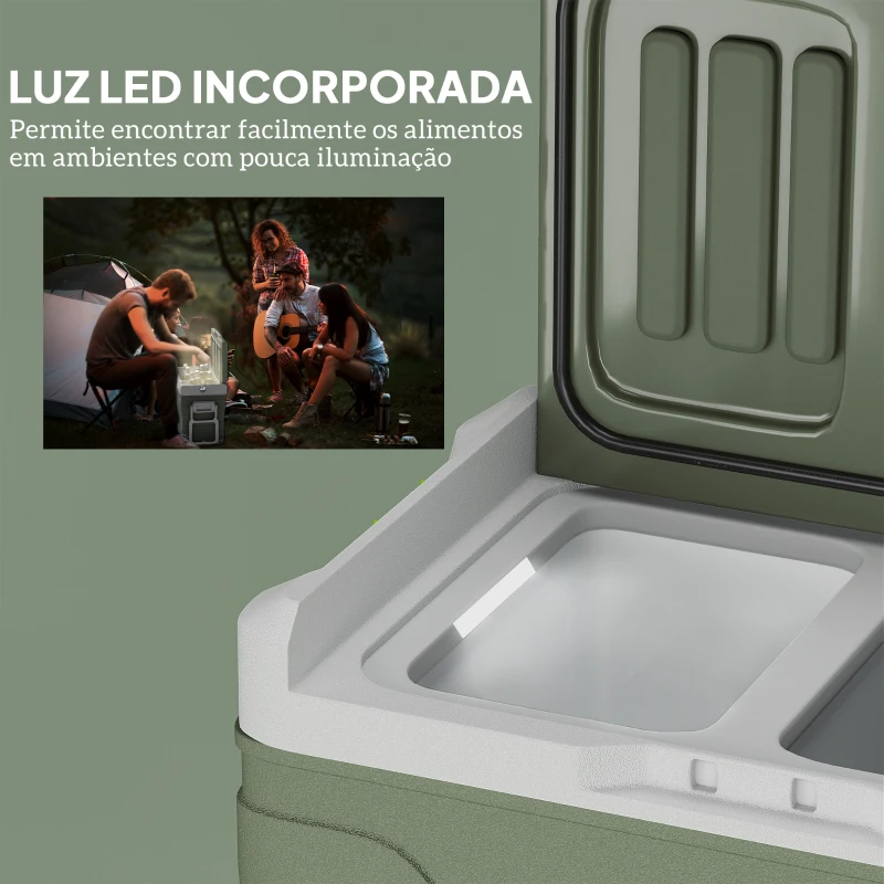 Outsunny Geleira Portátil Elétrica 45L Geleira de Carro -20℃ a +20℃ 12V/24V com Rodas Compressor e Ecrã LED 64,5x43,5x53 cm Verde