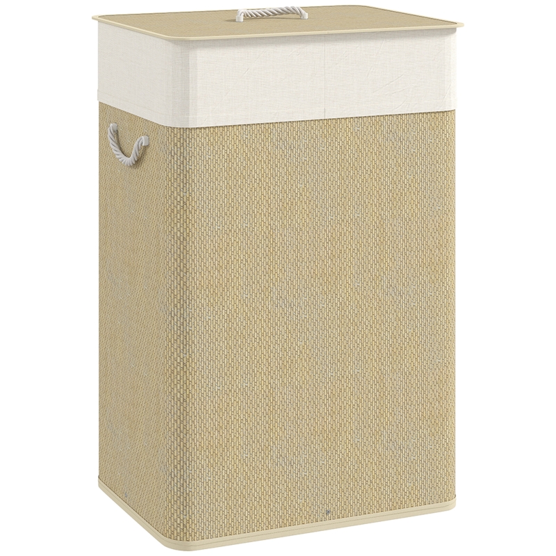HOMCOM Cesto de Roupa com Tampa 72L Cesto de Roupa de Bambu com Bolsa Interior Removível e Alças 40x30x60 cm Bege e Creme
