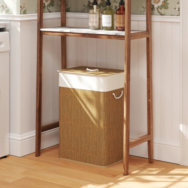 HOMCOM Cesto de Roupa com Tampa 72L Cesto de Roupa de Bambu com Bolsa Interior Removível e Alças 40x30x60 cm Madeira e Creme