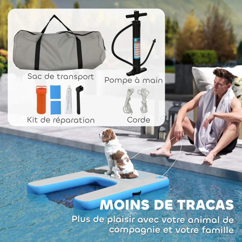 PawHut Rampe gonflable de radeau pour chien, plate-forme flottante de sports nautiques 120 x 90 x 10 cm bleu et gris
