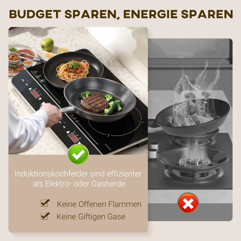 HOMCOM Przenośna płyta indukcyjna, kontrola temperatury w 10 krokach, panel dotykowy, czarna