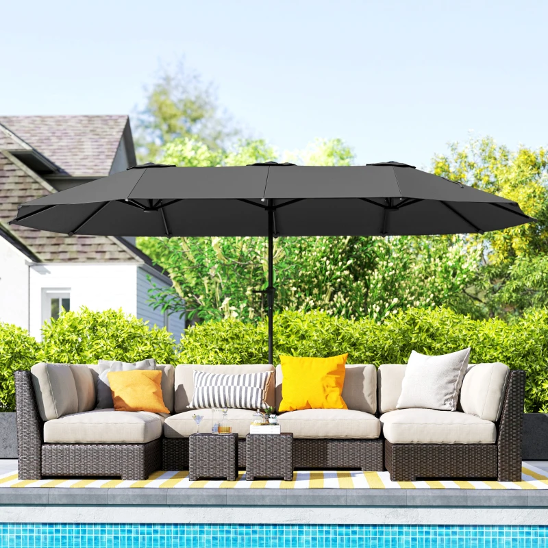 Outsunny Parasol de jardin extérieur, parasol double rectangulaire 4 x 2,2 x 2,3 m avec ouverture fermeture manivelle gris foncé
