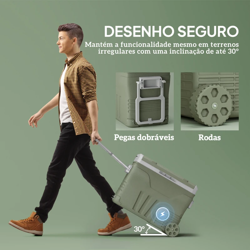 Outsunny Geleira Portátil Elétrica 45L Geleira de Carro -20℃ a +20℃ 12V/24V com Rodas Compressor e Ecrã LED 64,5x43,5x53 cm Verde