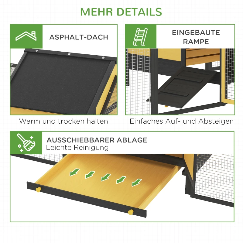 PawHut Hühnerstall Kleintierstall 2 Außengehege, 1 Nistkasten, 2 Rampen,Asphaltdach, wetterbeständig, Gelb(m-7)