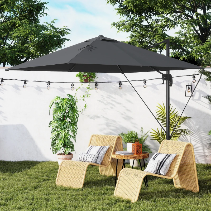 Outsunny Umbrelă de Grădină cu Manivelă Înclinabilă, Braț Lateral și Bază Rotativă, 244x244x255 cm, Gri Închis