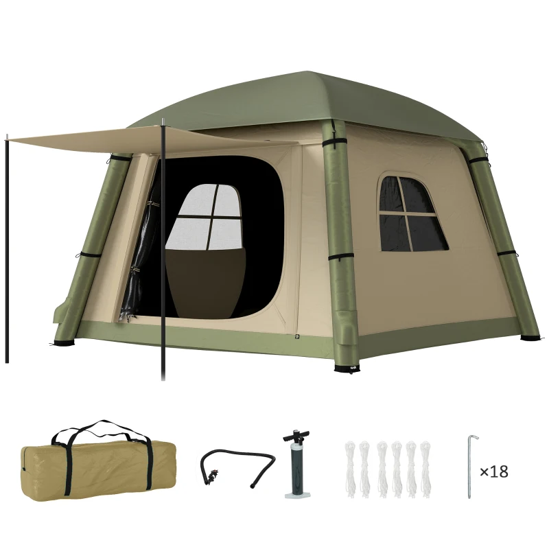 Outsunny Inflatable Camping Tent w/ Hand Pump, Easy Setup 1/2 Person Blow Up Tent Waterproof 190T Taffeta w/ Mesh Windows, Doors and Carry Bag, Brown