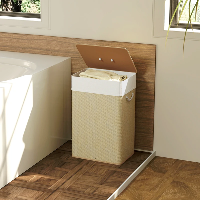 HOMCOM Cesto de Roupa com Tampa 72L Cesto de Roupa de Bambu com Bolsa Interior Removível e Alças 40x30x60 cm Bege e Creme