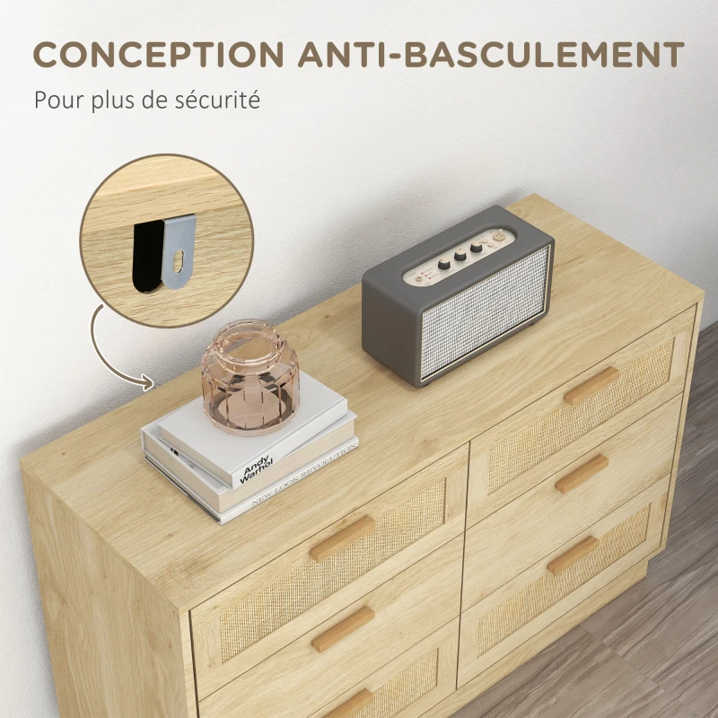 HOMCOM Commode design bohème en rotin avec 6 tiroirs, meuble de rangement pour le salon, le couloir, l'entrée, chêne