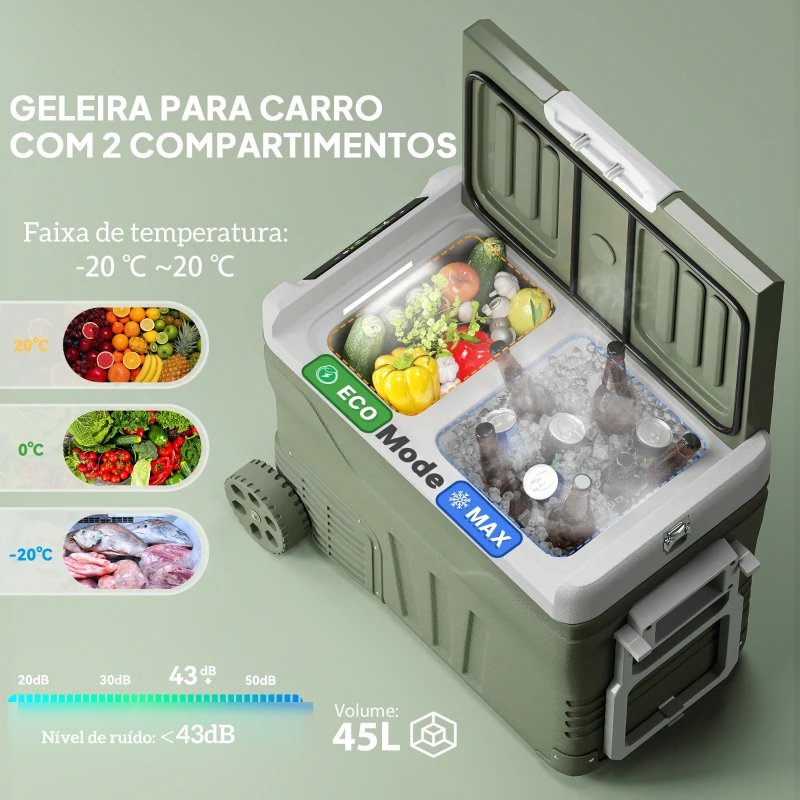 Outsunny Geleira Portátil Elétrica 45L Geleira de Carro -20℃ a +20℃ 12V/24V com Rodas Compressor e Ecrã LED 64,5x43,5x53 cm Verde