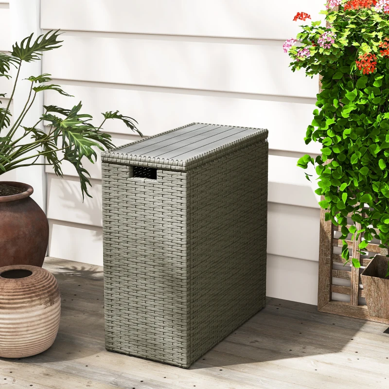 Outsunny Coffre de jardin en résine tressée, coffre de rangement extérieur 66 L avec dessus à lattes 28 x 55 x 60 cm, gris