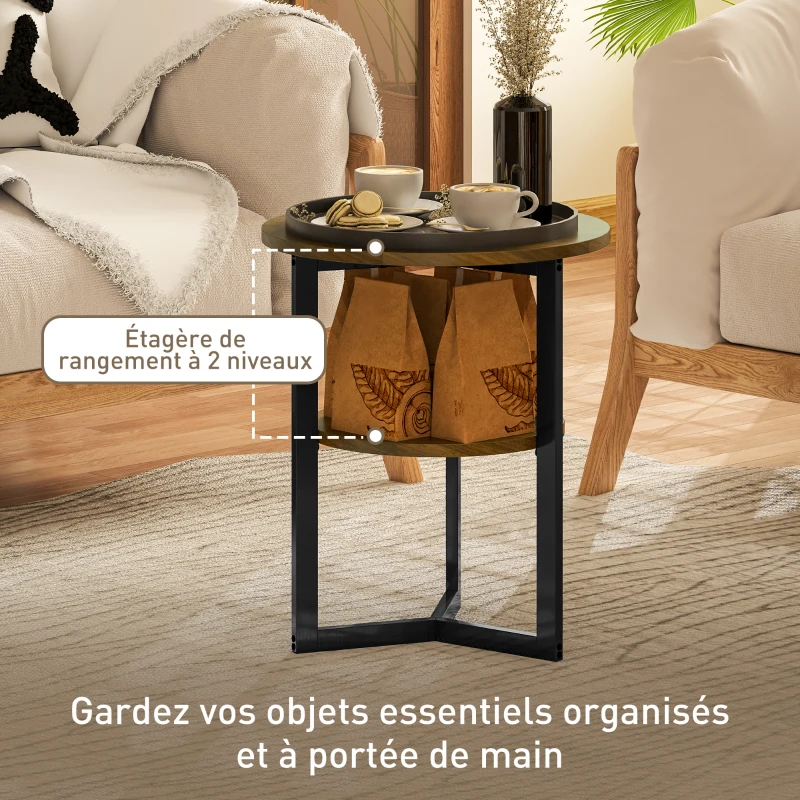 HOMCOM Table d'appoint ronde, bout de canapé industriel avec étagères de rangement et cadre en acier, Ø 40 x 48 cm, marron
