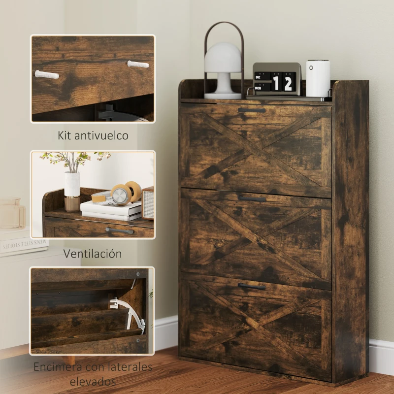 HOMCOM Zapatero Estrecho de 3 Cajones Abatibles para 24 Pares Diseño Rústico con Puertas de Granero 80x24x118 cm Marrón