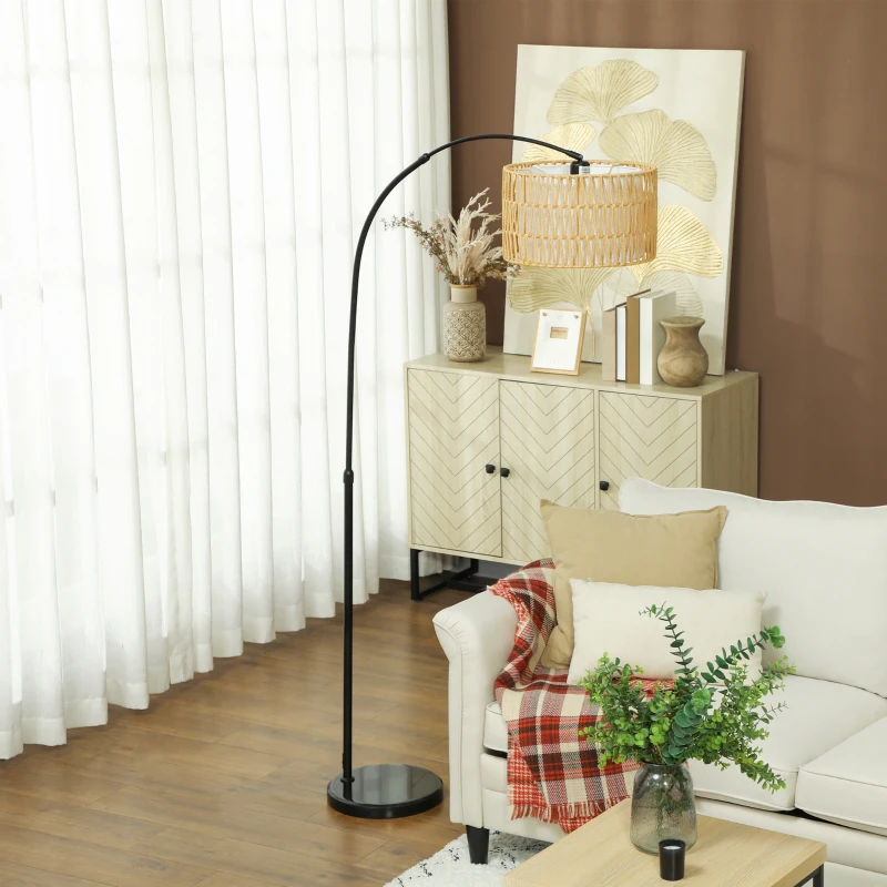 HOMCOM Lámpara de Pie Estilo Linterna con Pantalla de Fibra de Yute y Base de Mármol 93x34x144-175 cm Marrón y Negro