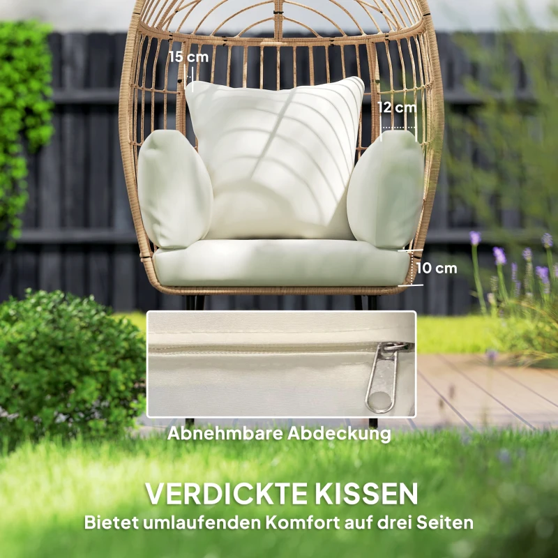 Outsunny Rattansessel Ei-Förmig mit abnehmbarem Kissen, Polster, Outdoor Sessel aus Rattan 95 x 80 x 155 cm Beige(m-6)