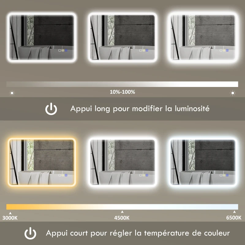 HOMCOM Miroir salle de bain LED bluetooth 50 x 70 cm interrupteur tactile lumière réglable 3 couleurs anti-buée mémoire argent