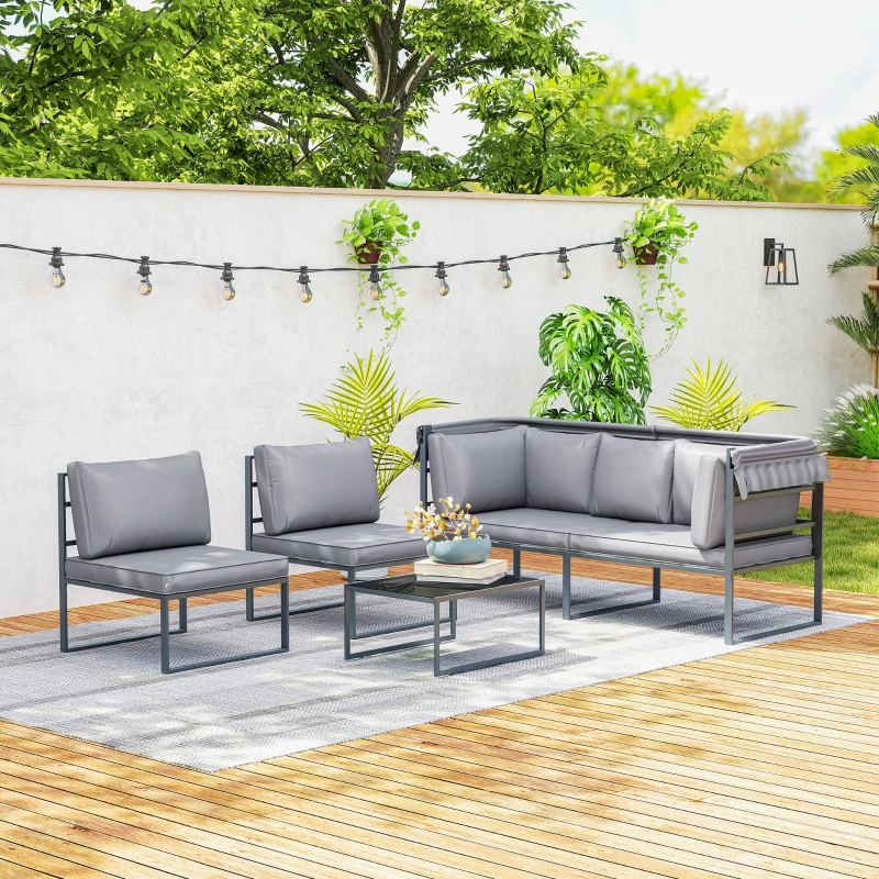 Outsunny Salon de jardin extérieur 4 pièces modulaire avec canapé, fauteuil et table basse en verre trempé, coussins inclus, gris