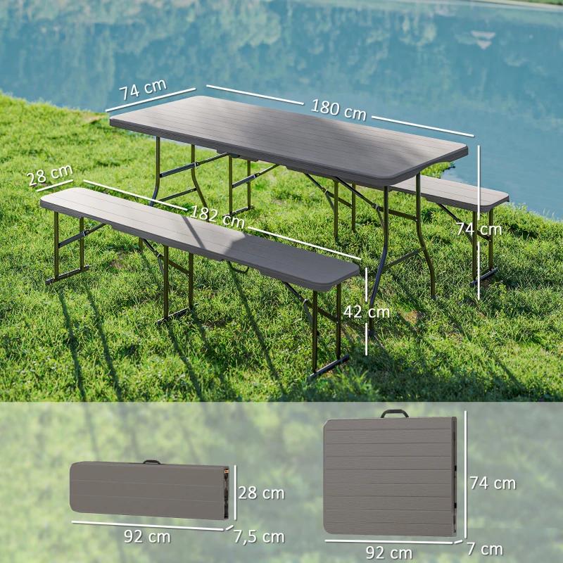 Outsunny Conjunto de Campismo Dobrável de 3 Peças Inclui 1 Mesa 180x74x74 cm e 2 Bancos 182x28x42 cm Efeito Madeira Castanho
