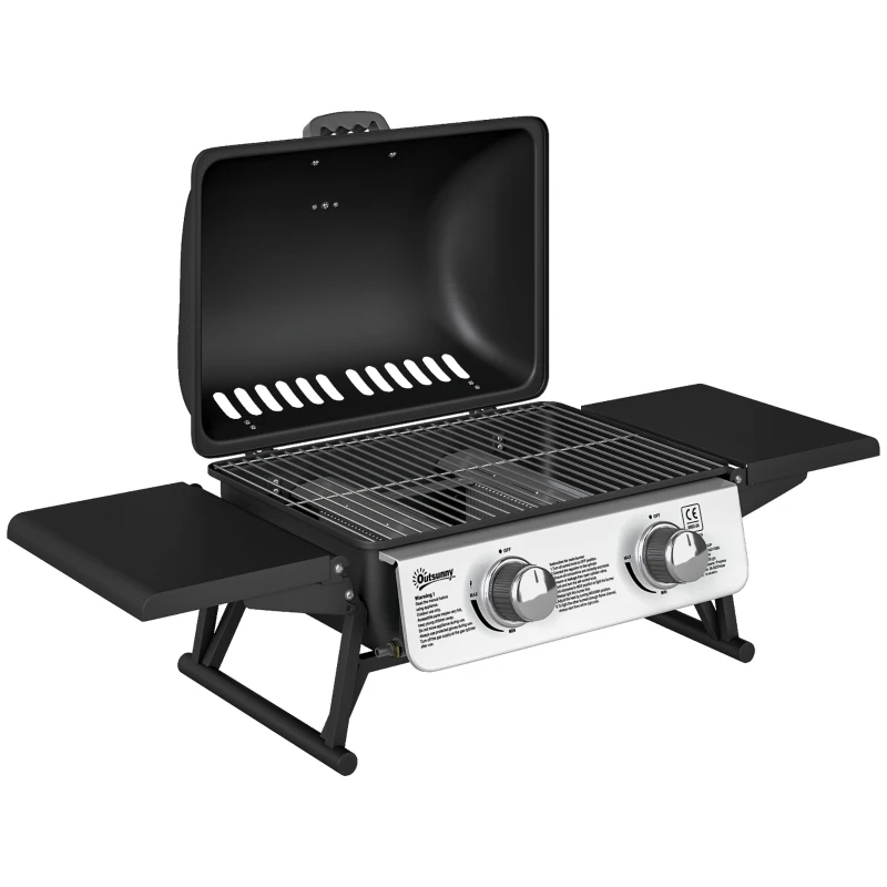 Outsunny Barbecue gaz de table transportable, 2 brûleurs 5,6 KW, barbecue gaz de camping avec étagères latérales, couvercle, noir