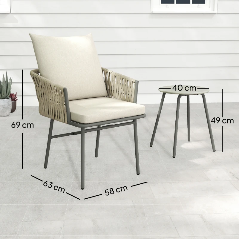 Outsunny Conjunto de Jardim de 3 Peças com 2 Cadeiras com Almofadas Removíveis e Laváveis e Mesa com Bancada de Metal Cinza e Creme