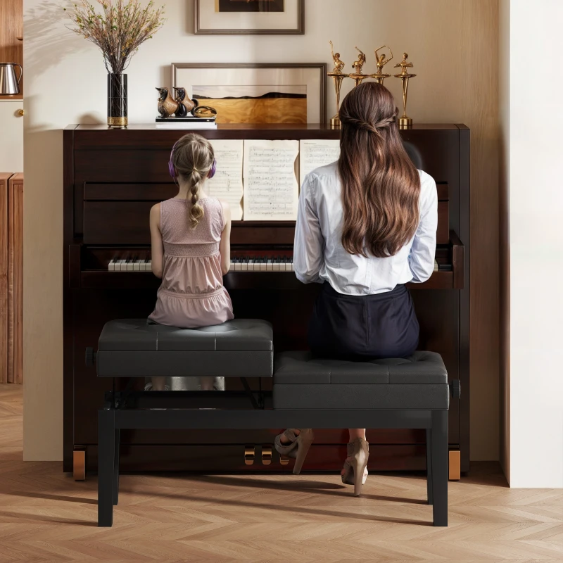 HOMCOM Pianobank, Verstelbare Dubbele Zitplaats, Opbergruimte, Kunstleer, Zwart(m-7)