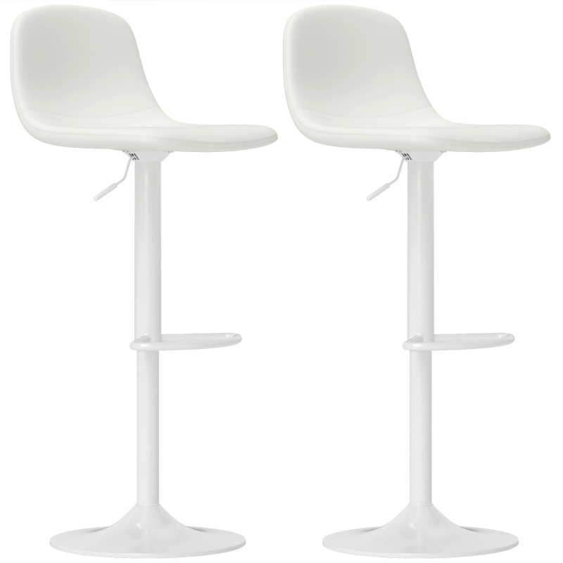 HOMCOM 2 Bancos de Bar Reguláveis em Altura 84-104 cm com Encosto e Apoio para os Pés Estofadas em PU Giratórias em 360° Branco