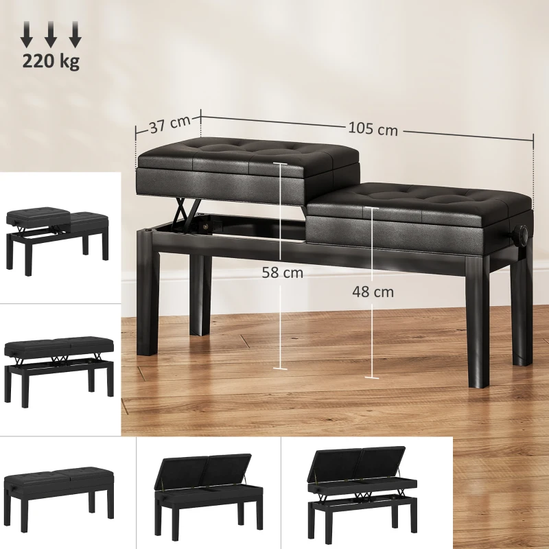 HOMCOM Pianobank, Verstelbare Dubbele Zitplaats, Opbergruimte, Kunstleer, Zwart(m-3)
