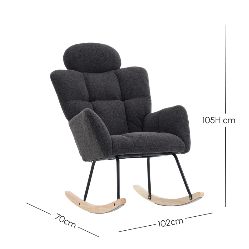 Ergonomic Teddy Fabric Rocking Chair with Tufted Seat, Headrest and Backrest, Painted Metal Base, 102L x 70W x 105H cm, Dark Grey