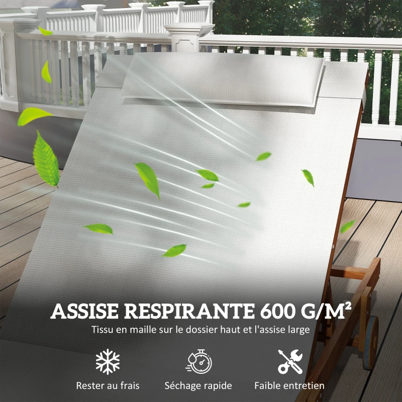 Outsunny Bain de soleil en bois avec roulettes dossier inclinable en 4 positions appui-tête, 84x200x101cm, blanc