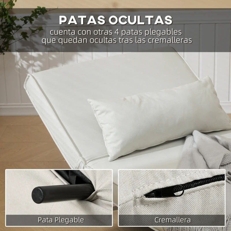 HOMCOM Sillón Cama Plegable con Respaldo Ajustable en 6 Posiciones Almohada Acolchada Carga 350 kg 94x78x80 cm Crema