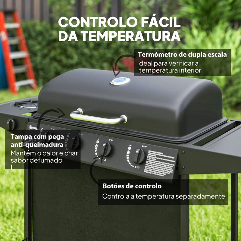 Outsunny Barbecue a Gás com 4+1 Queimadores 12 kW Termómetro Mesa Lateral Grelha Recolhedor de Gordura 2 Rodas  121x54x97 cm Preto